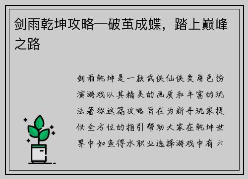 剑雨乾坤攻略—破茧成蝶，踏上巅峰之路